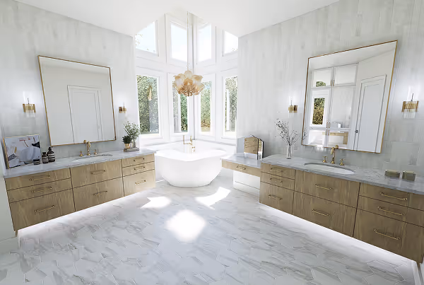 Bright modern bathroom with freestanding white bathtub beneath large windows, double wooden vanities with marble countertops and large mirrors.